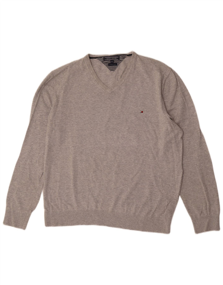 Tommy Hilfiger Mens V-Neck Jumper Sweater 2XL Grey Cotton