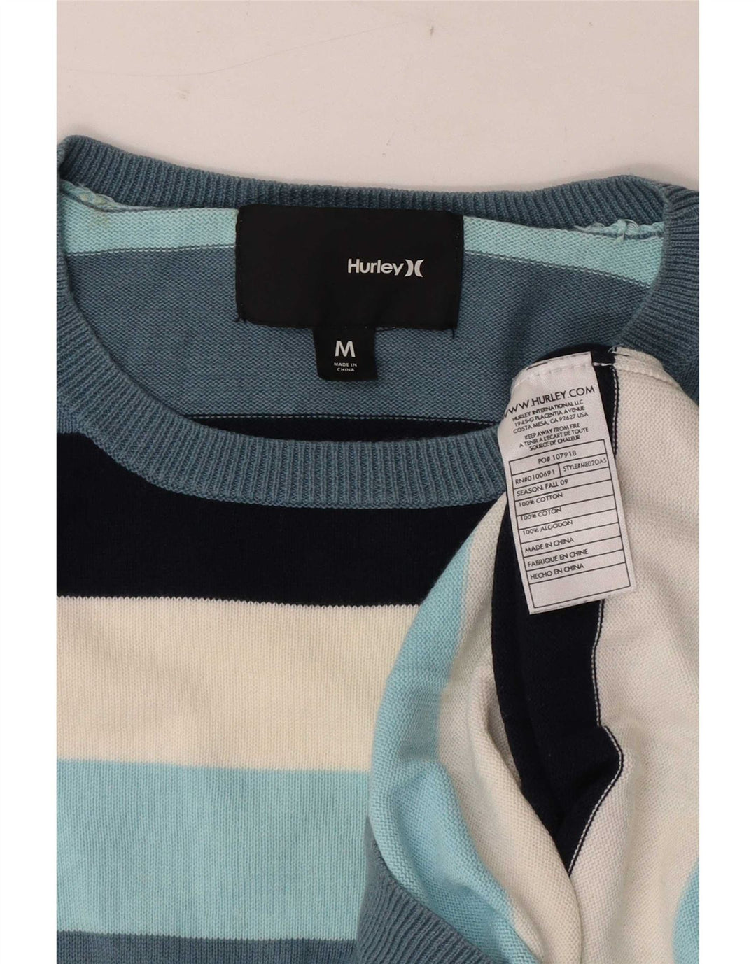 Hurley Mens Crew Neck Jumper Sweater Medium Multicoloured Striped Cotton