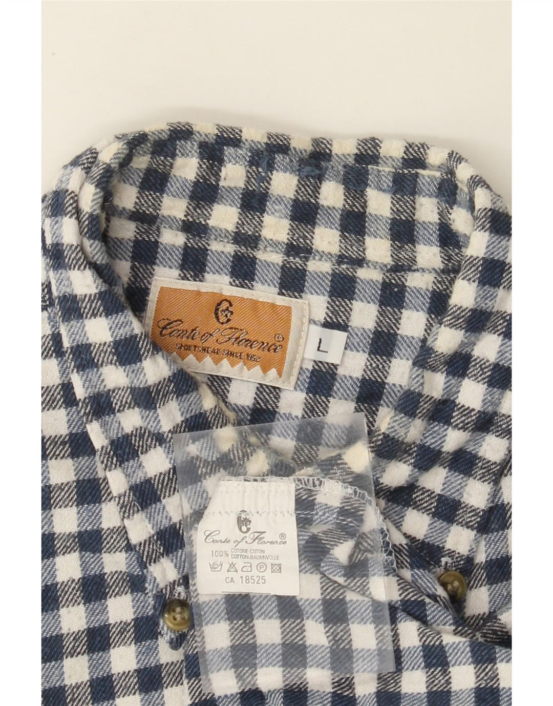 CONTE OF FLORENCE Mens Flannel Shirt Large Navy Blue Gingham Cotton
