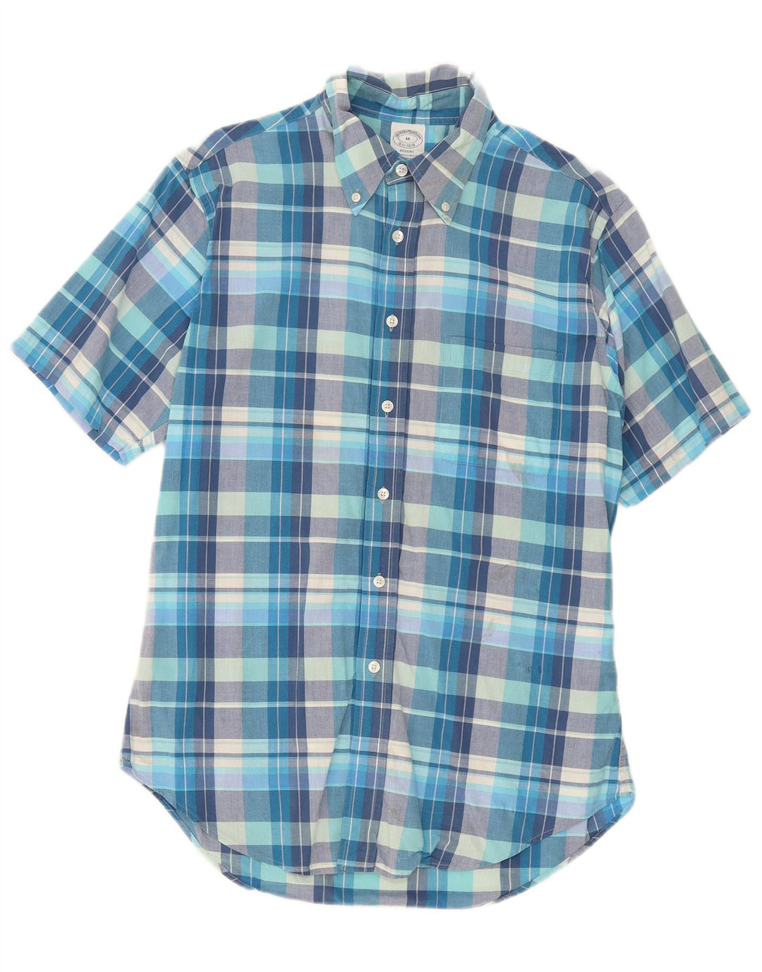 Brooks Brothers Mens Regent Short Sleeve Shirt Medium Blue Check Cotton