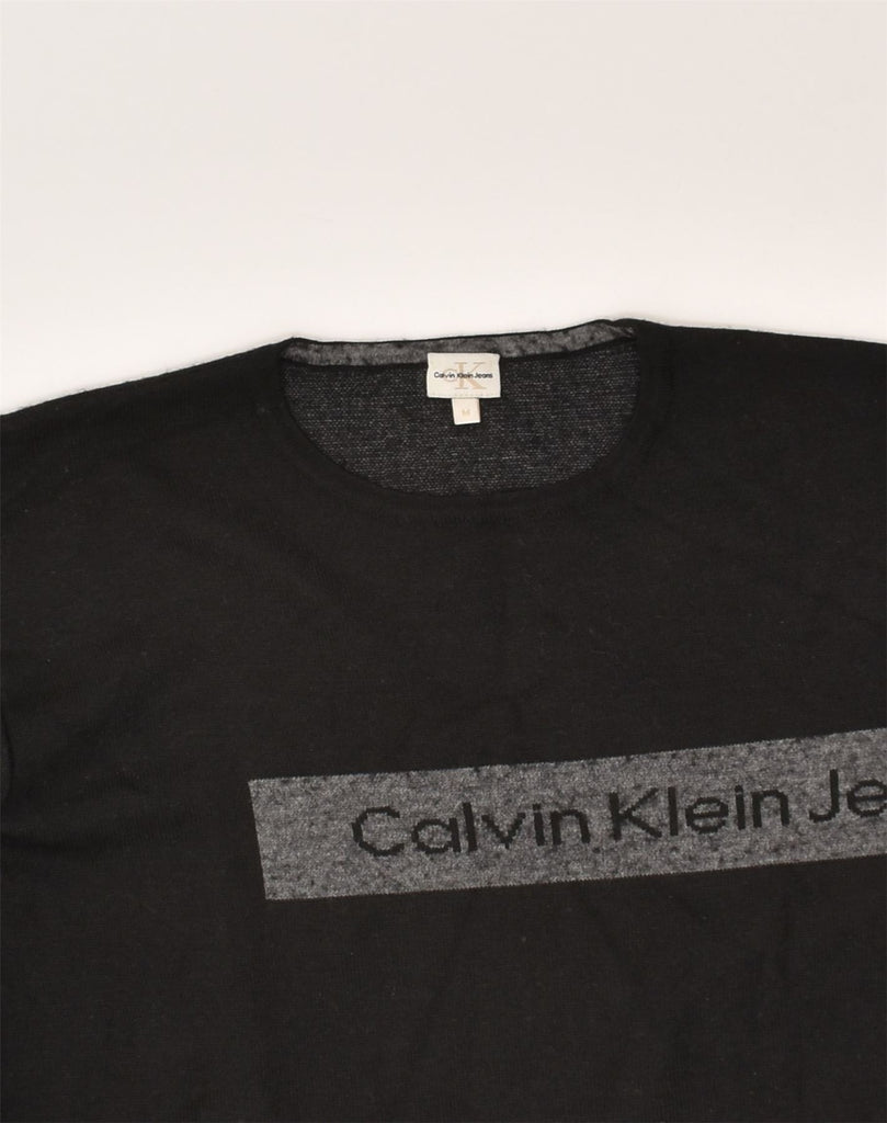 CALVIN KLEIN Mens Graphic Crew Neck Jumper Sweater Medium Black Wool | Vintage Calvin Klein | Thrift | Second-Hand Calvin Klein | Used Clothing | Messina Hembry 