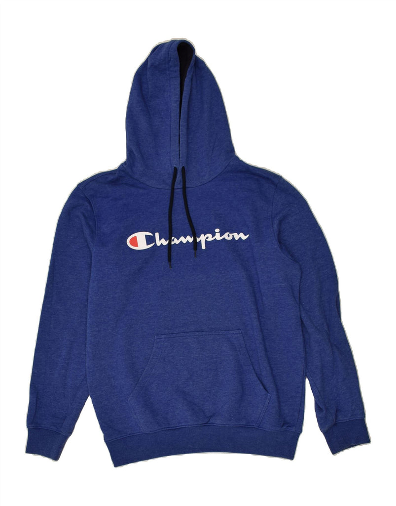 CHAMPION Mens Graphic Hoodie Jumper Medium Blue Cotton | Vintage Champion | Thrift | Second-Hand Champion | Used Clothing | Messina Hembry 