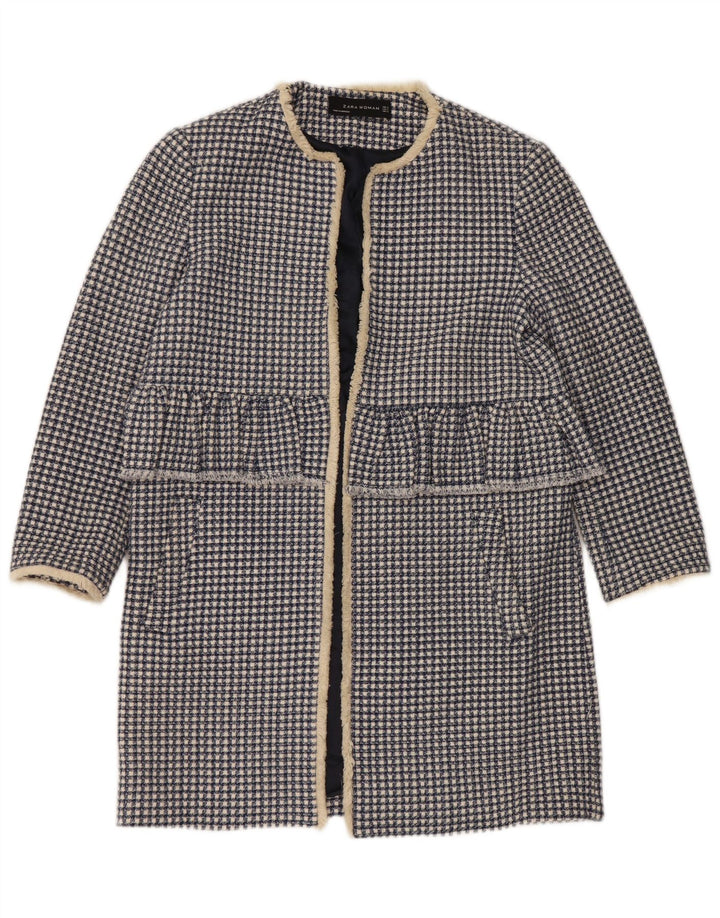 Zara Womens Oversized Open Overcoat UK 10 Small Blue Houndstooth Cotton
