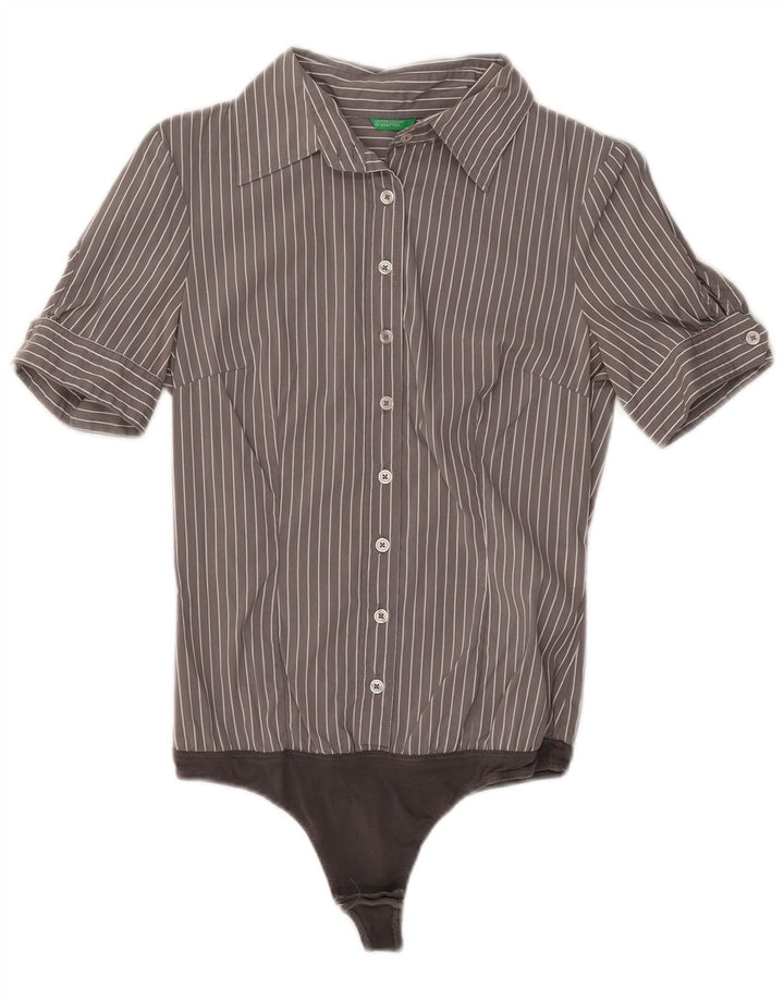 Benetton Womens Short Sleeve Shirt Bodysuit UK 10 Small Grey Striped Cotton