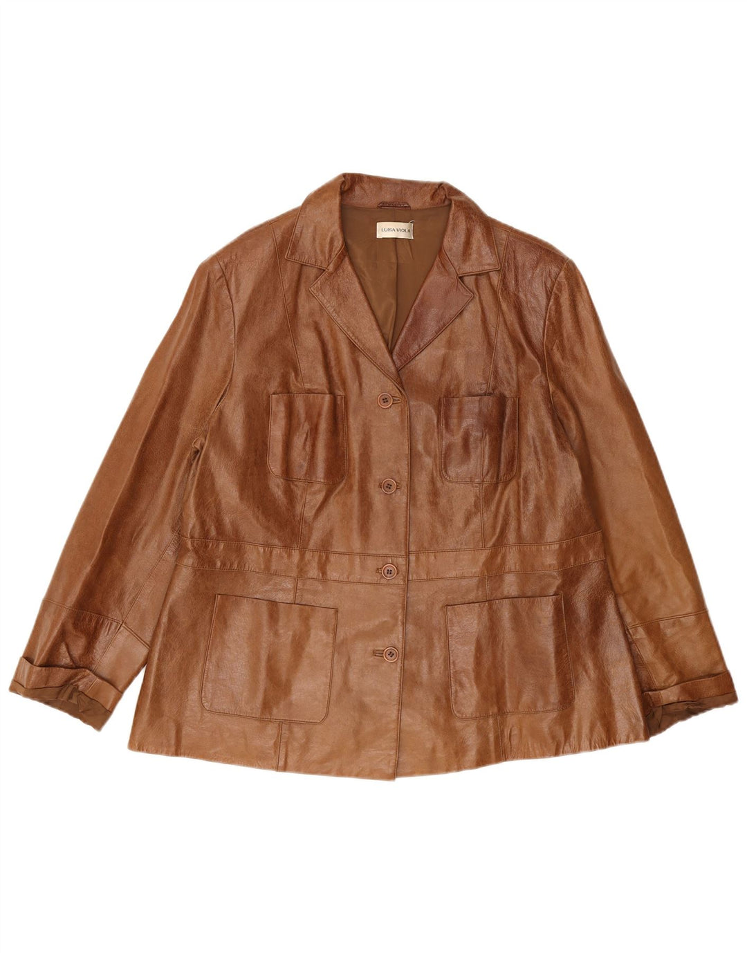 LUISA VIOLA Womens 4 Button Leather Blazer Jacket UK 22 3XL Brown Leather