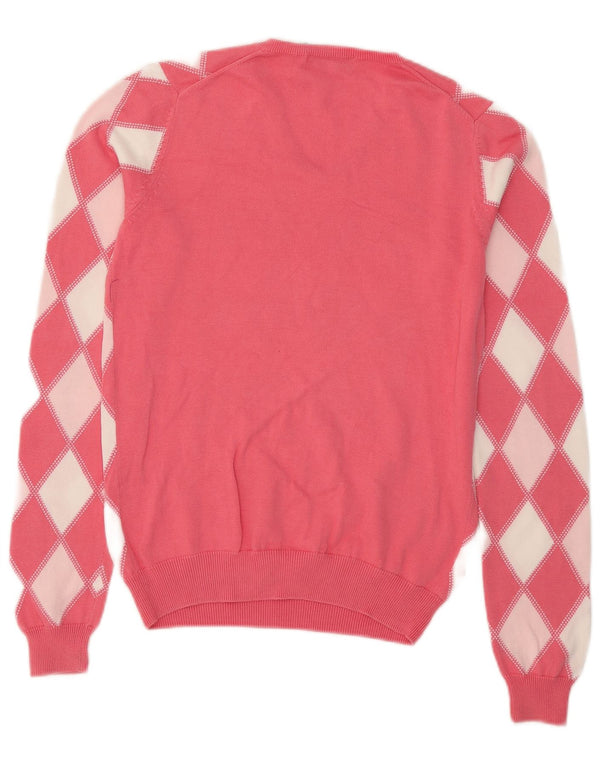 Lyle & Scott Womens V-Neck Jumper Sweater UK 10 Small Pink Argyle/Diamond