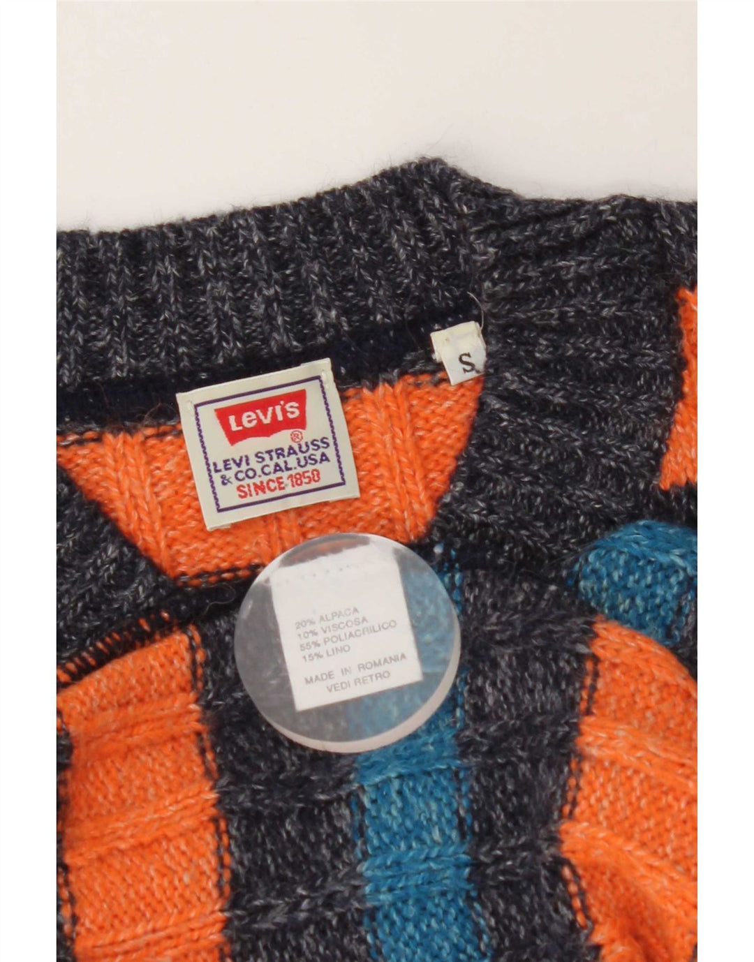 Levi's Mens V-Neck Jumper Sweater Small Orange Striped Alpaca Wool