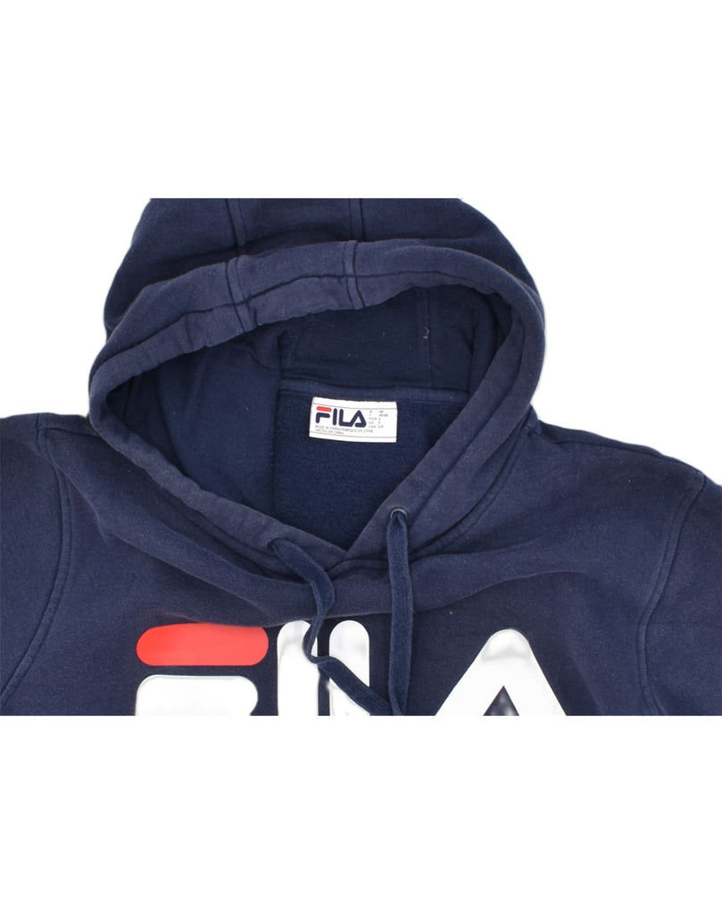 FILA Mens Loose Fit Graphic Hoodie Jumper Small Navy Blue Cotton | Vintage | Thrift | Second-Hand | Used Clothing | Messina Hembry 