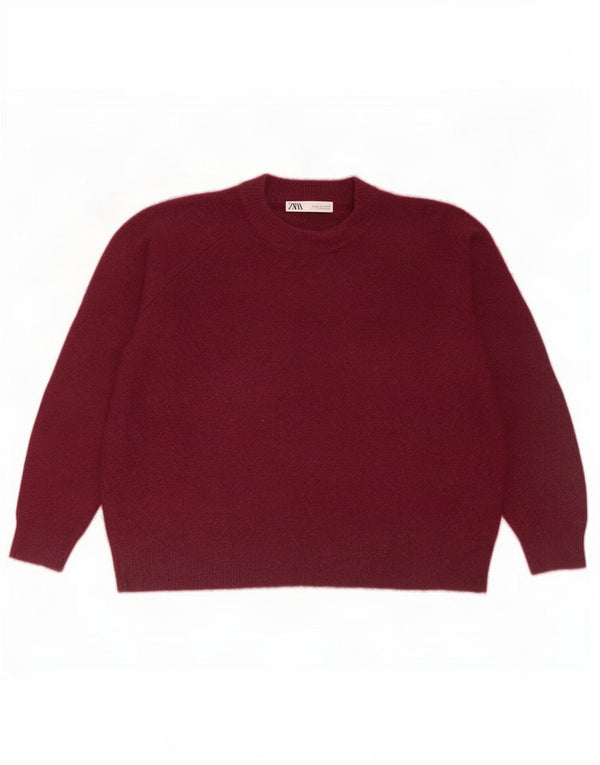 Zara Womens Crew Neck Jumper Sweater UK 16 Large Burgundy Alpaca Wool