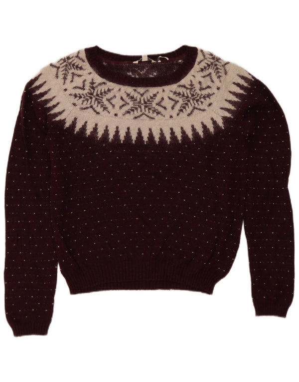 Fat Face Womens Boat Neck Jumper Sweater UK 12 Medium Burgundy Fair Isle