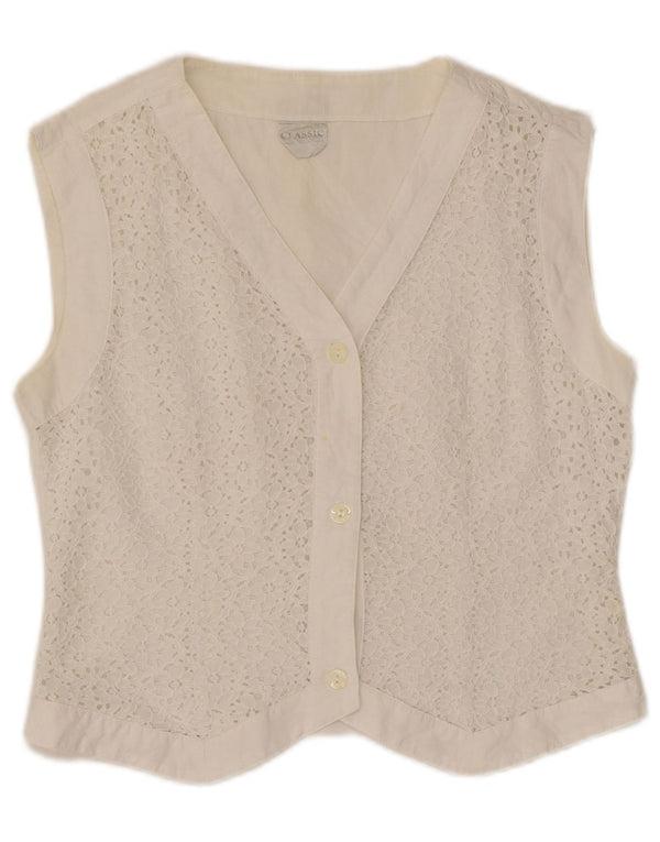 CLASSIC Womens Crop Waistcoat UK 16 Large White Floral Cotton