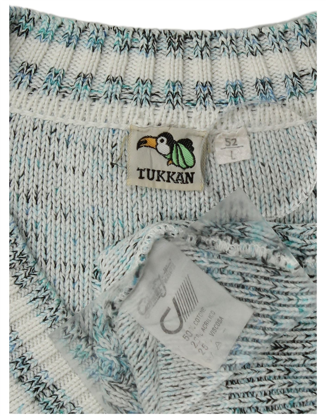 Vintage Mens V-Neck Jumper Sweater IT 52 Large Blue Geometric Cotton