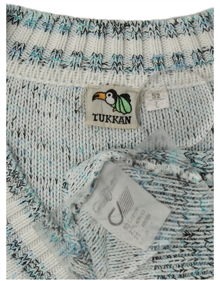 Vintage Mens V-Neck Jumper Sweater IT 52 Large Blue Geometric Cotton