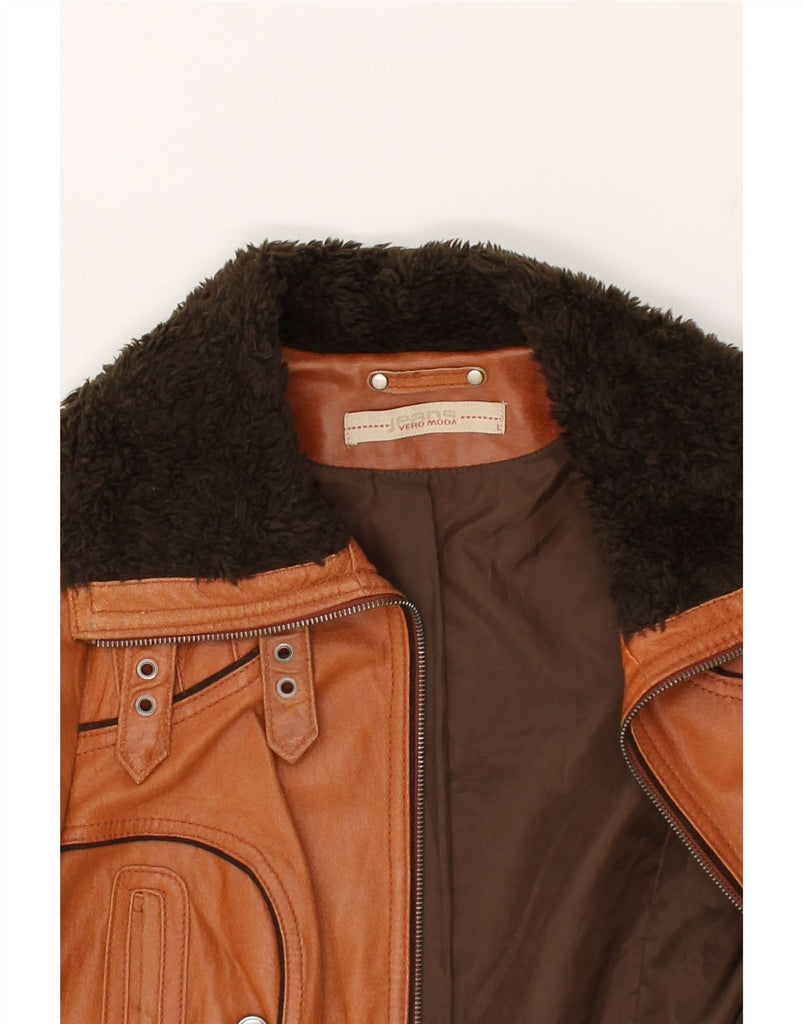 VERO MODA Womens Crop Leather Jacket UK 14 Large Brown Leather | Vintage Vero Moda | Thrift | Second-Hand Vero Moda | Used Clothing | Messina Hembry 