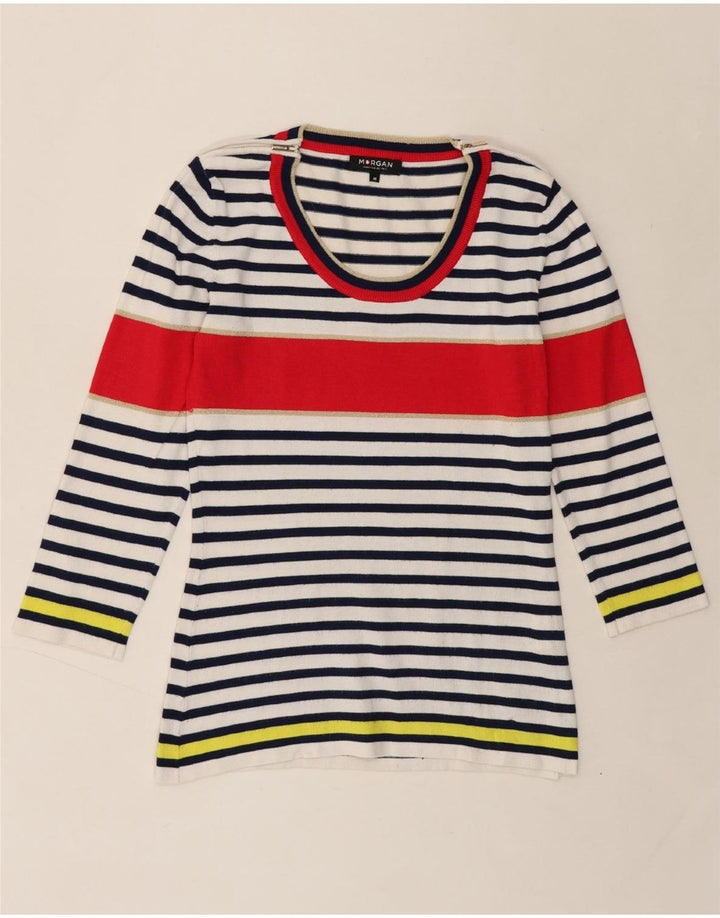 MORGAN Womens Top 3/4 Sleeve UK 12 Medium Navy Blue Striped Viscose Vintage Morgan and Second-Hand Morgan from Messina Hembry 
