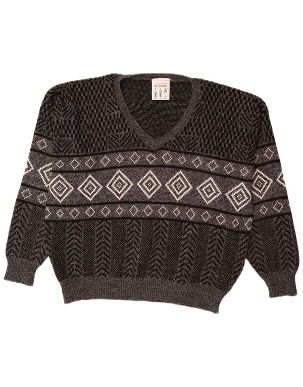 Vintage Mens V-Neck Jumper Sweater XL Grey Geometric Acrylic