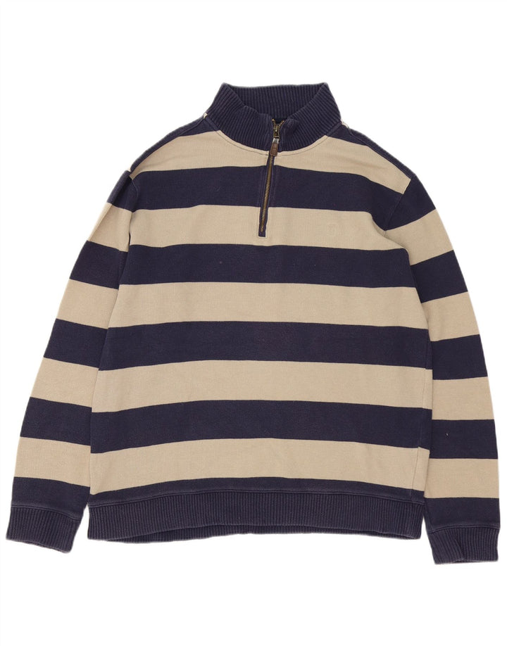 Marks & Spencer Mens Zip Neck Jumper Sweater Large Navy Blue Striped Cotton