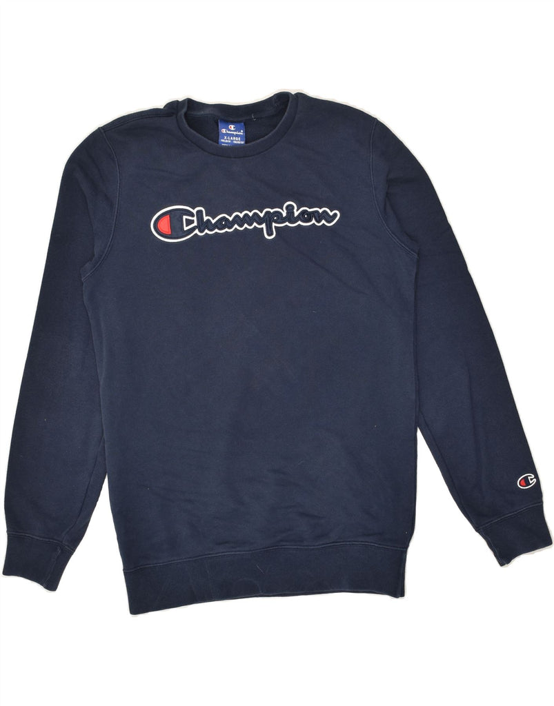 CHAMPION Boys Graphic Sweatshirt Jumper 13-14 Years XL Navy Blue Cotton | Vintage Champion | Thrift | Second-Hand Champion | Used Clothing | Messina Hembry 