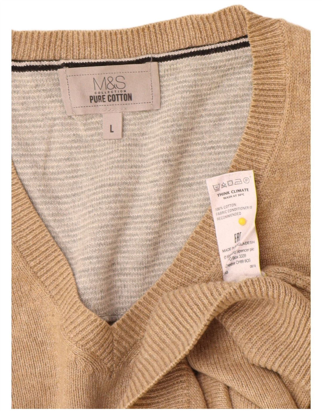 Marks & Spencer Mens V-Neck Jumper Sweater Large Beige Cotton