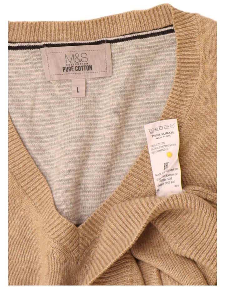 Marks & Spencer Mens V-Neck Jumper Sweater Large Beige Cotton