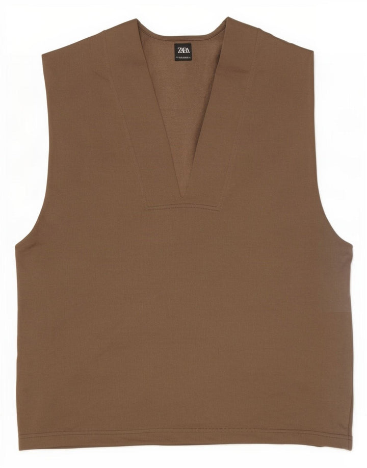 Zara Womens Oversized Vest Top UK 10 Small Brown Cotton