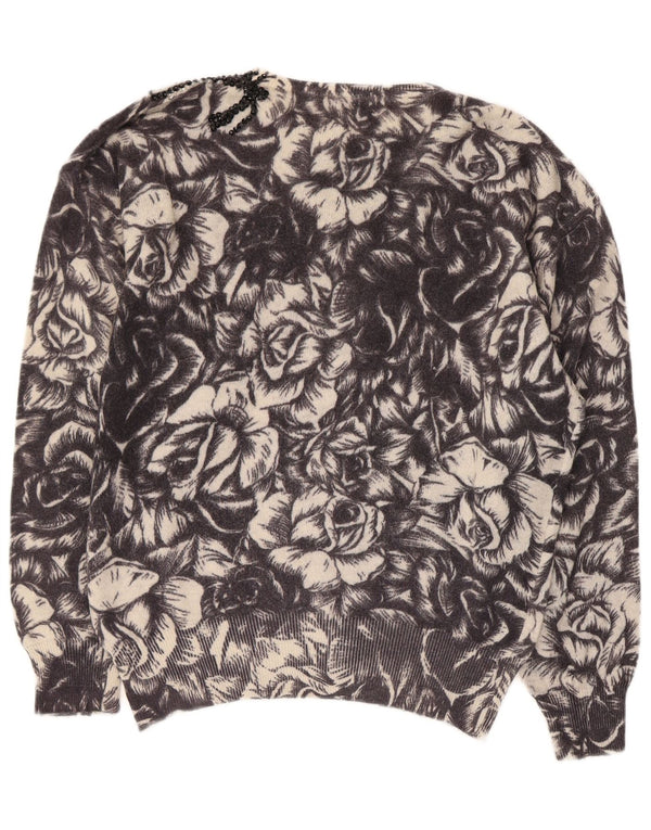 Vintage Womens Boat Neck Jumper Sweater UK 12 Medium Black Floral