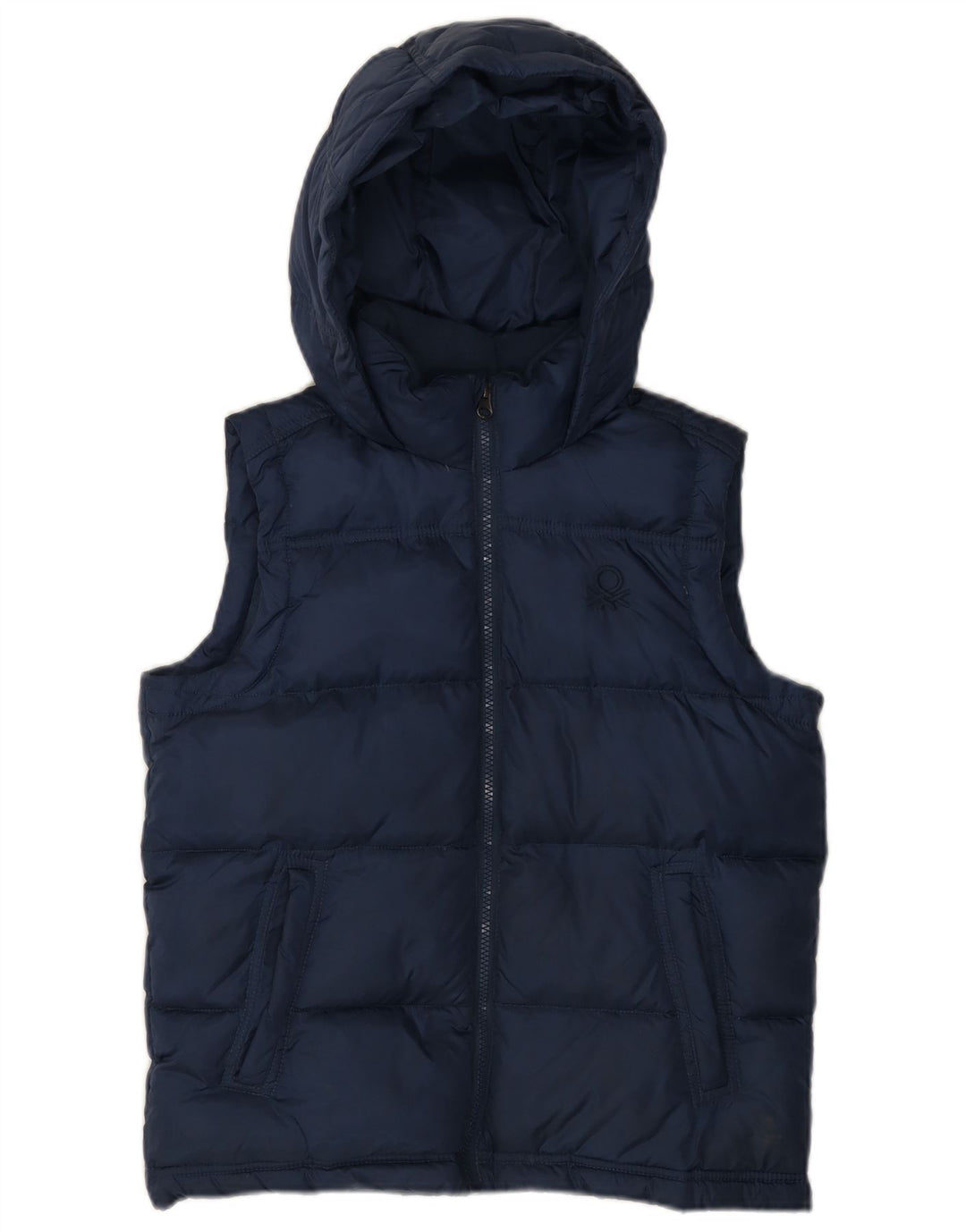 BENETTON Boys Hooded Padded Gilet 11-12 Years 2XL Navy Blue Polyamide