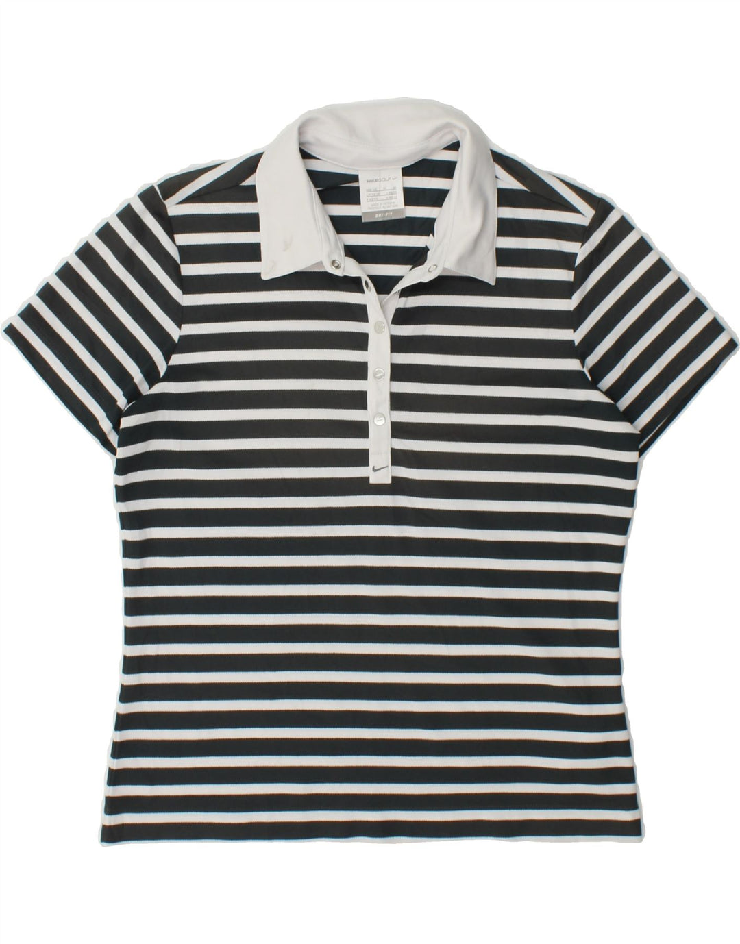 NIKE Womens Dri Fit Polo Shirt UK 12/14 Medium Black Striped Polyester Vintage Nike and Second-Hand Nike from Messina Hembry 