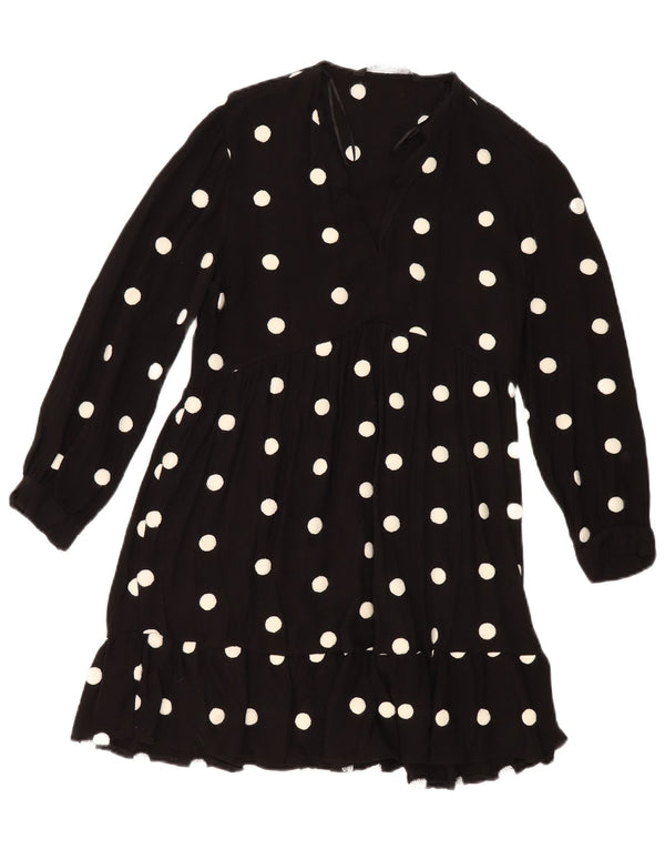 Zara Womens Long Sleeve Tiered Dress UK 6 XS Black Polka Dot Viscose