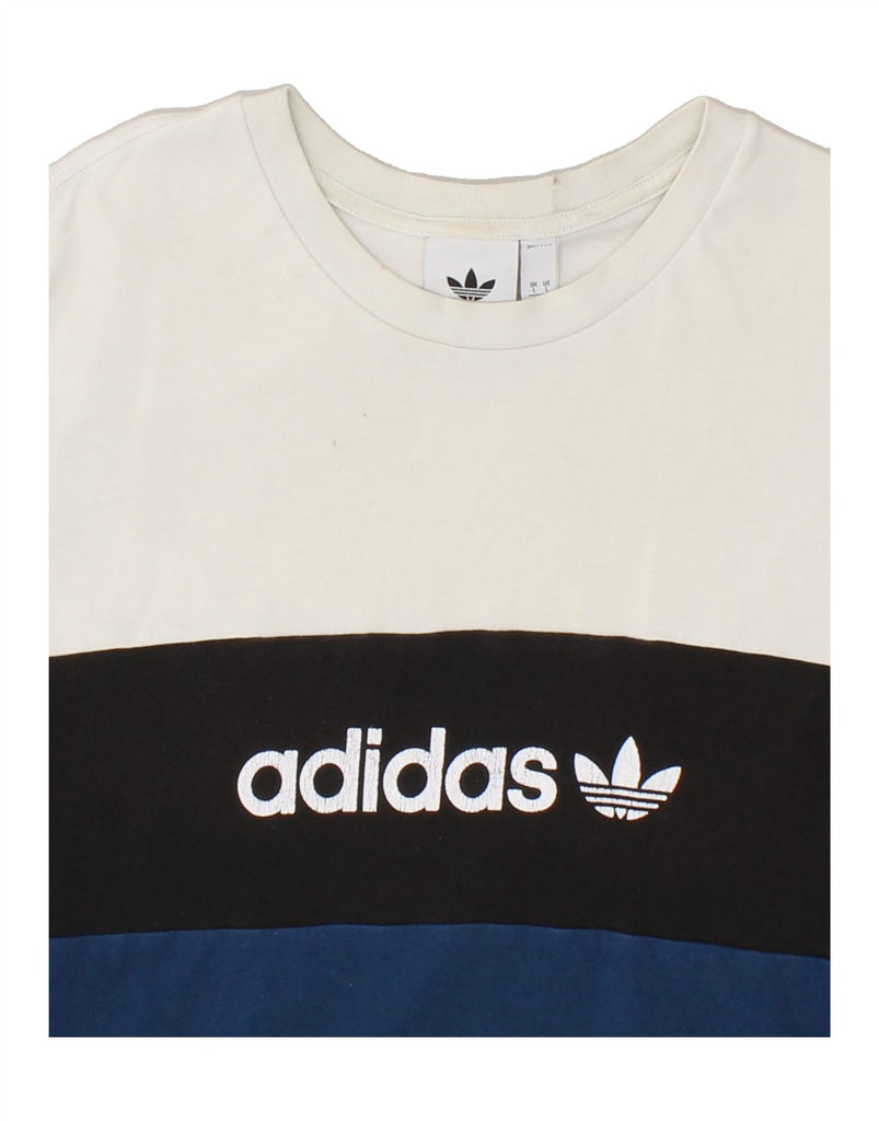 ADIDAS Mens Graphic T-Shirt Top Large Off White Colourblock Cotton | Vintage Adidas | Thrift | Second-Hand Adidas | Used Clothing | Messina Hembry 