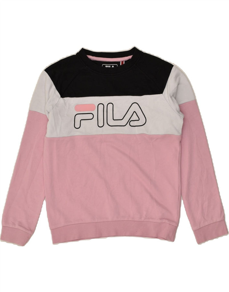 FILA Girls Graphic Sweatshirt Jumper 9-10 Years Pink Colourblock Cotton | Vintage Fila | Thrift | Second-Hand Fila | Used Clothing | Messina Hembry 