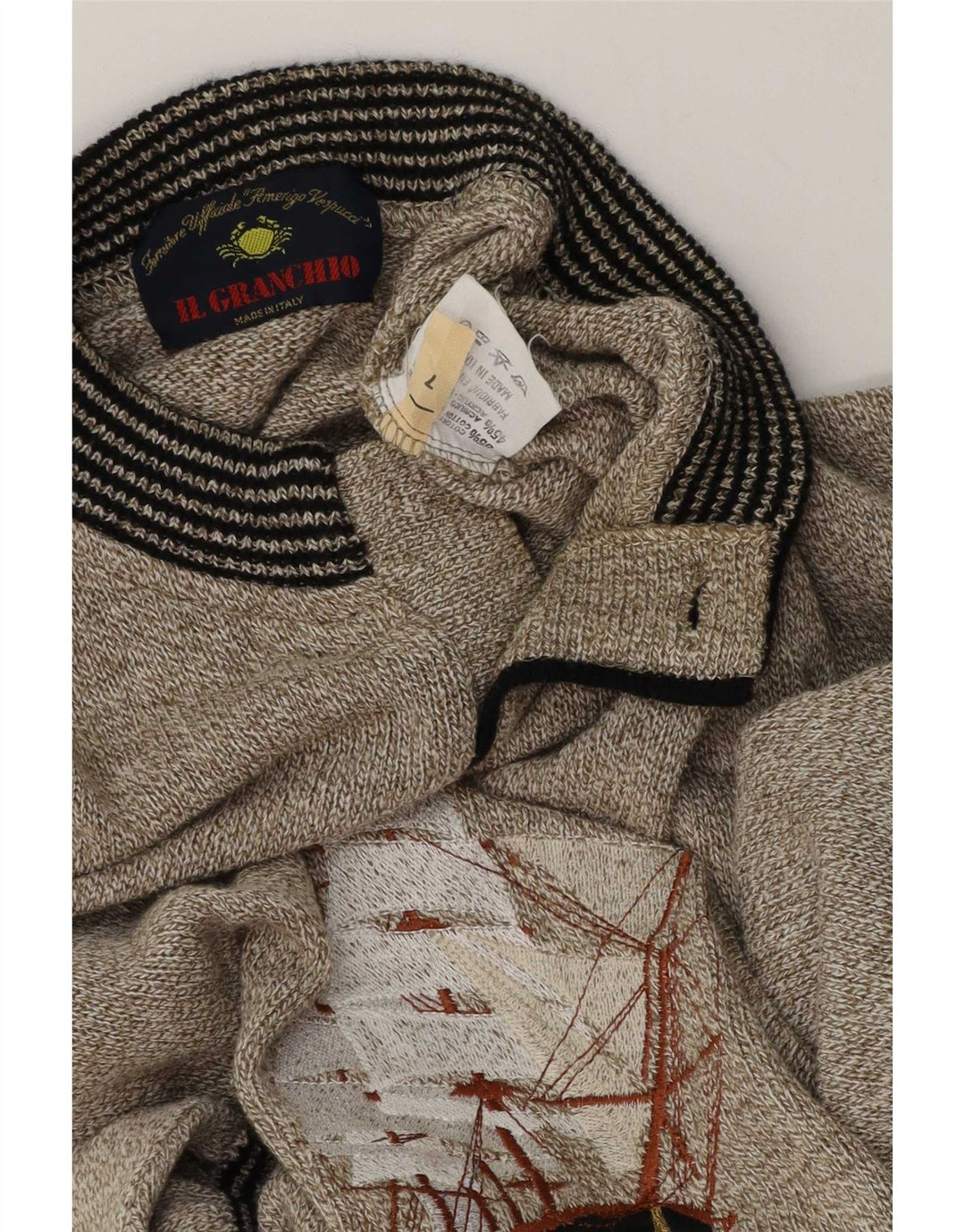 Il Granchio Mens Graphic Button Neck Jumper Sweater Large Khaki Flecked