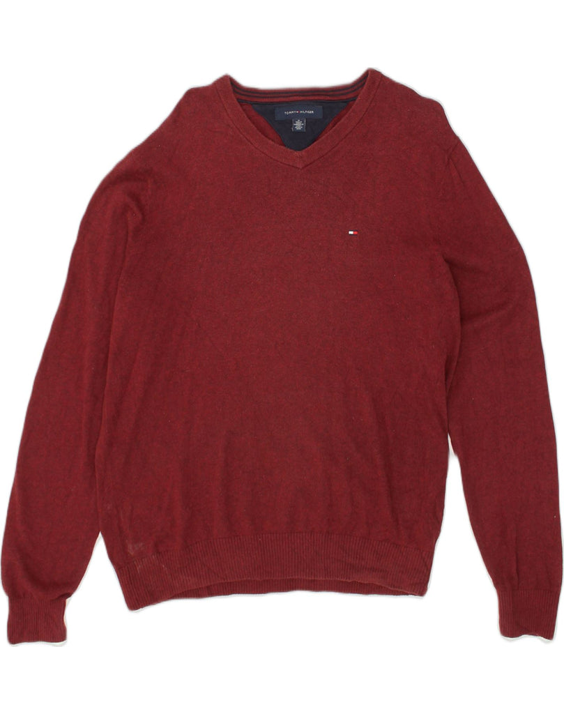 TOMMY HILFIGER Mens V-Neck Jumper Sweater Medium Burgundy Cotton | Vintage Tommy Hilfiger | Thrift | Second-Hand Tommy Hilfiger | Used Clothing | Messina Hembry 