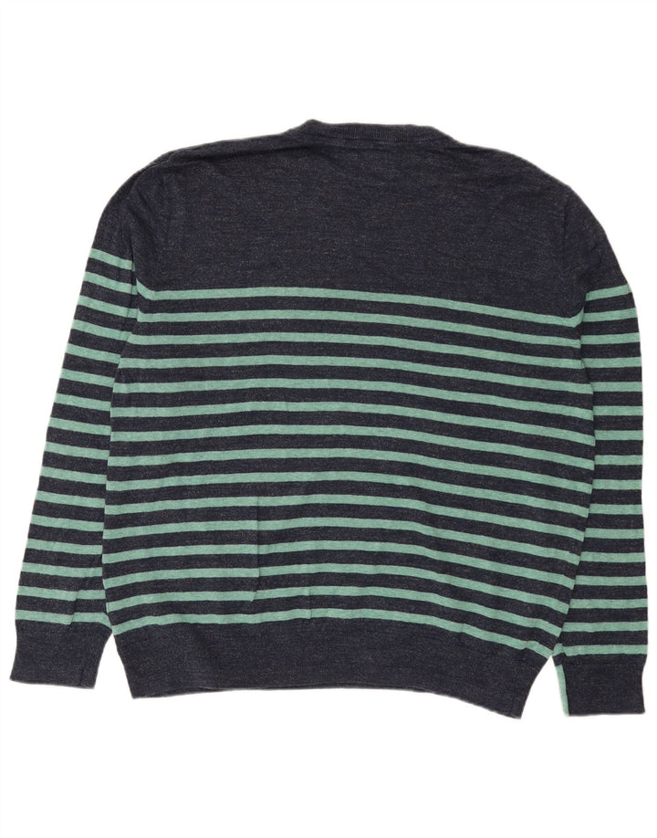 White Stuff Mens Crew Neck Jumper Sweater XL Navy Blue Striped Linen
