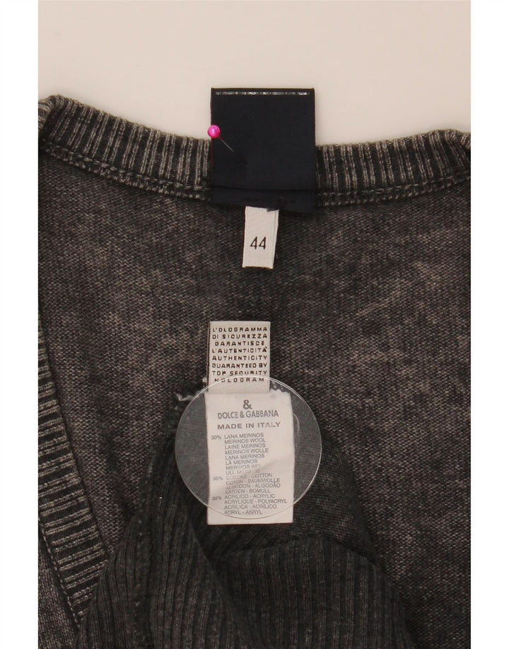 Dolce & Gabbana Womens Graphic V-Neck Jumper Sweater IT 44 Medium Grey Wool
