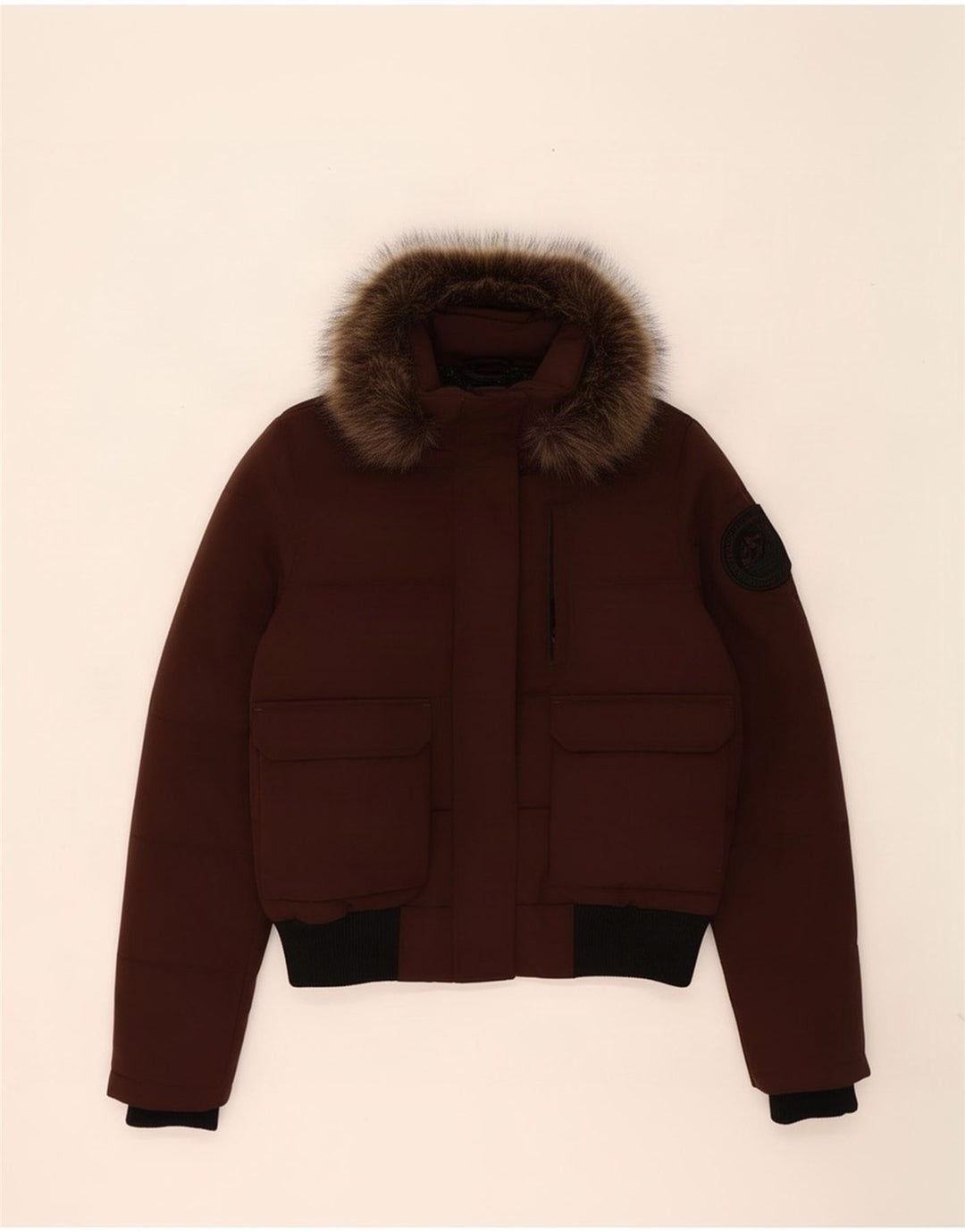 Superdry Womens Hooded Padded Jacket UK 12 Medium Brown Colourblock