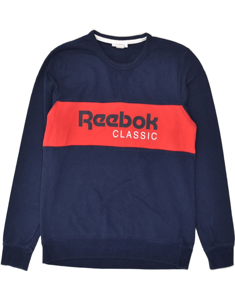 REEBOK Mens Graphic Sweatshirt Jumper Medium Navy Blue Colourblock Cotton | Vintage Reebok | Thrift | Second-Hand Reebok | Used Clothing | Messina Hembry 