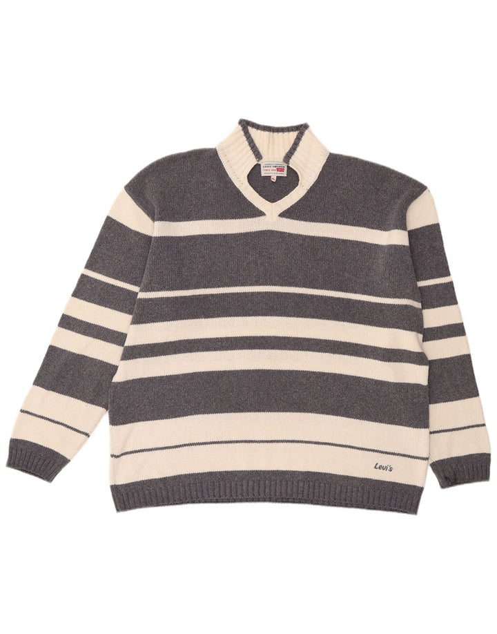 Levi's Mens V-Neck Jumper Sweater XL Grey Striped Cotton