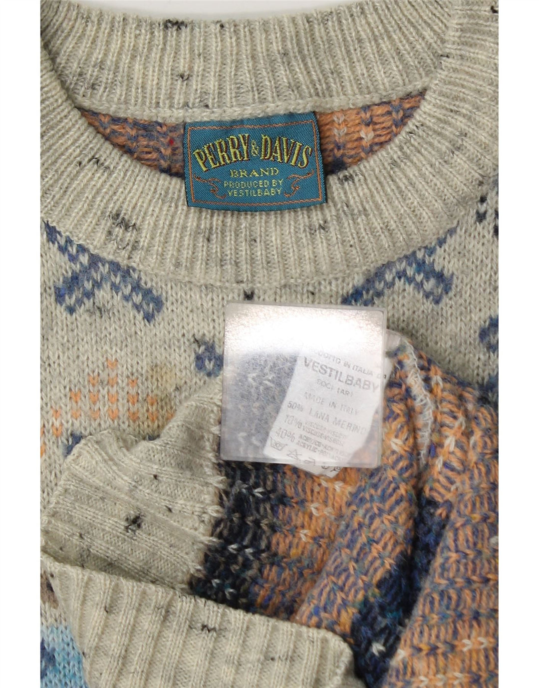 Vintage Mens Boat Neck Jumper Sweater Medium Grey Geometric Wool