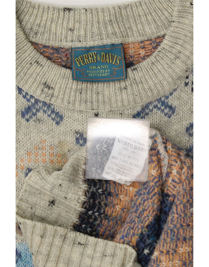 Vintage Mens Boat Neck Jumper Sweater Medium Grey Geometric Wool