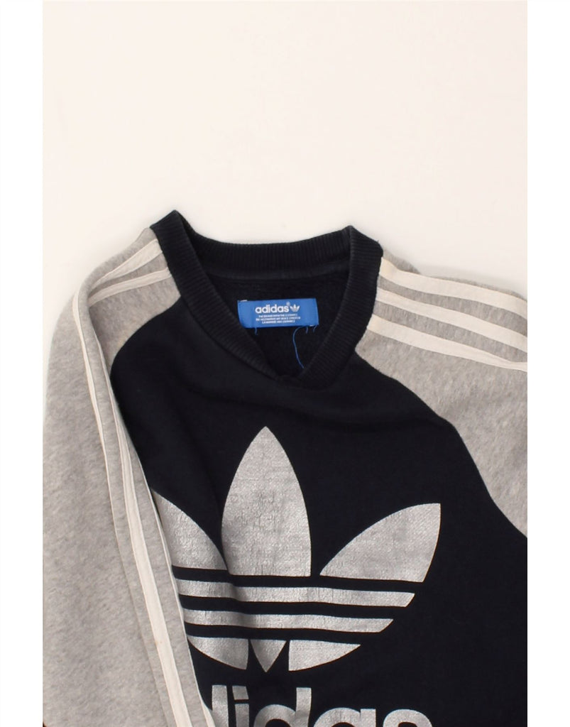 ADIDAS Boys Graphic Sweatshirt Jumper 12-13 Years Navy Blue Colourblock | Vintage Adidas | Thrift | Second-Hand Adidas | Used Clothing | Messina Hembry 