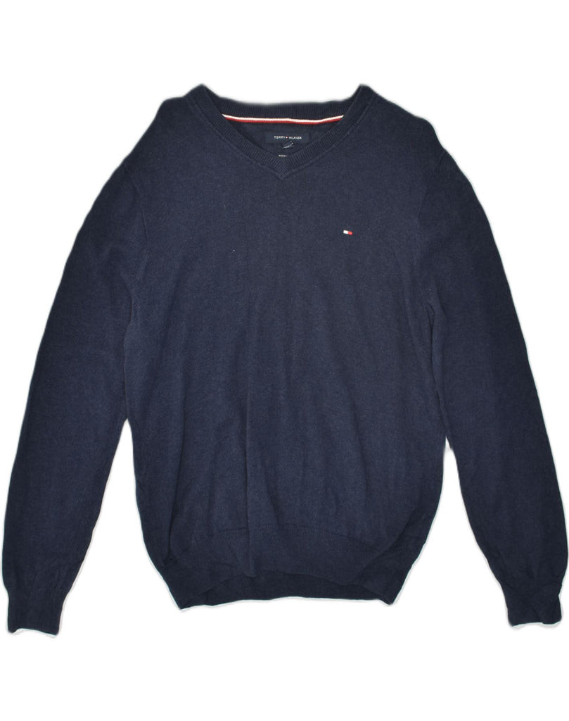 TOMMY HILFIGER Mens V-Neck Jumper Sweater Medium Navy Blue Cotton | Vintage Tommy Hilfiger | Thrift | Second-Hand Tommy Hilfiger | Used Clothing | Messina Hembry 