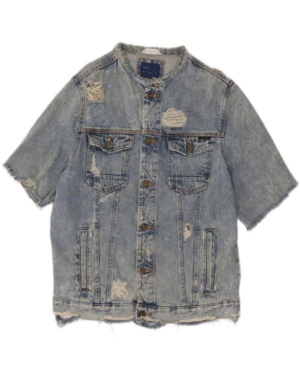 Zara Mens Distressed Short Sleeve Denim Jacket UK 42 XL Blue Cotton