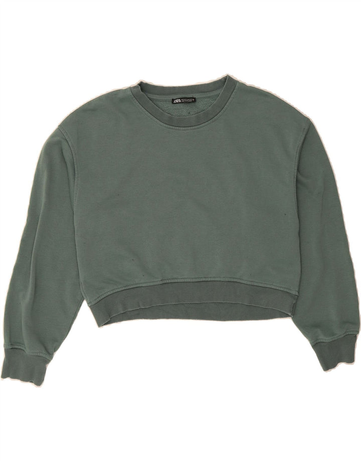 ZARA Womens Crop Sweatshirt Jumper UK 14 Medium Green Cotton Vintage Zara and Second-Hand Zara from Messina Hembry 