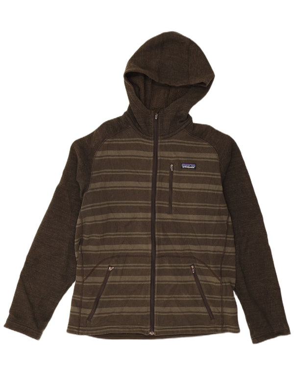 PATAGONIA Mens Zip Hoodie Sweater Medium Khaki Striped Polyester