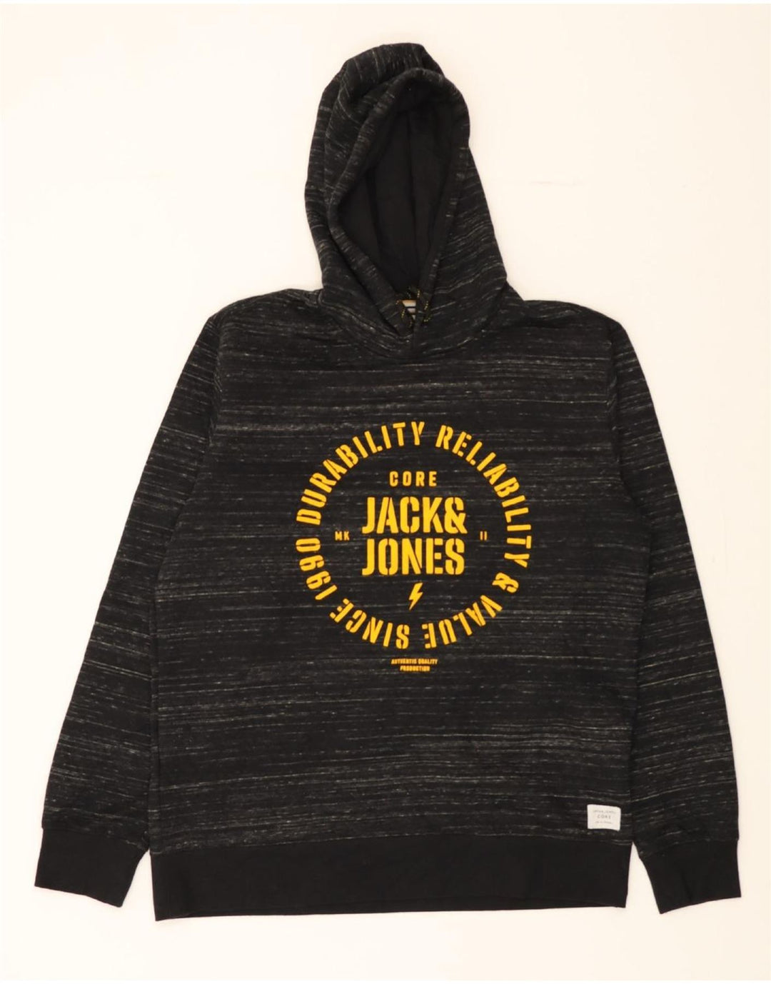 JACK & JONES Mens Graphic Hoodie Jumper XL Black Striped Polyester Vintage Jack & Jones and Second-Hand Jack & Jones from Messina Hembry 