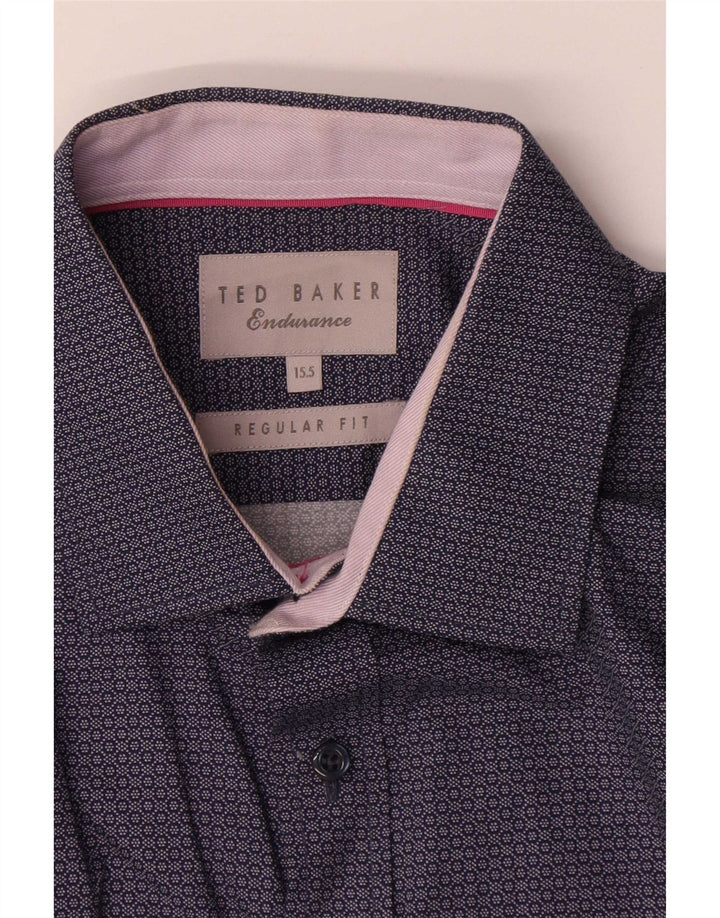 Ted Baker Mens Regular Fit Shirt Size 39 15.5 Medium Navy Blue Geometric
