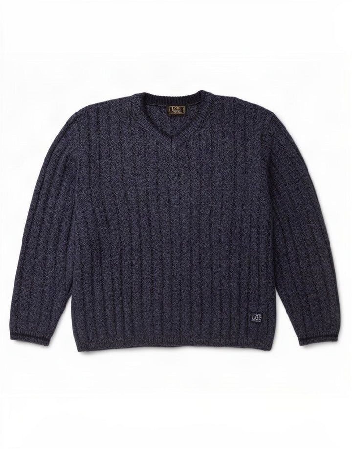 Lee Mens V-Neck Jumper Sweater XL Navy Blue Flecked Acrylic