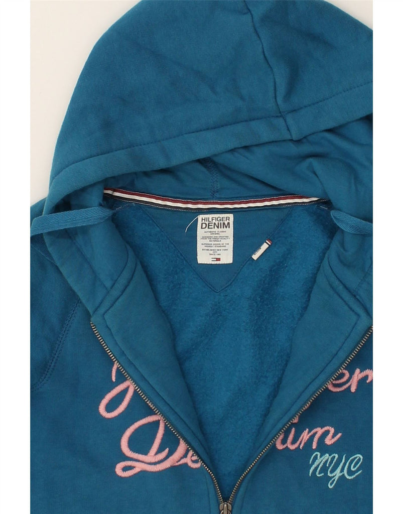 TOMMY HILFIGER Womens Graphic Zip Hoodie Sweater UK 12 Medium Blue Cotton | Vintage Tommy Hilfiger | Thrift | Second-Hand Tommy Hilfiger | Used Clothing | Messina Hembry 