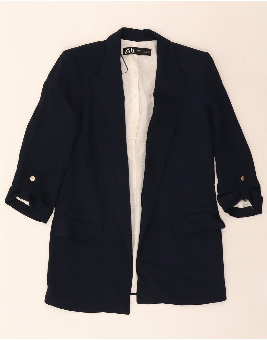 Zara Womens 3/4 Sleeve Open Blazer Jacket UK 6 XS Navy Blue Polyester